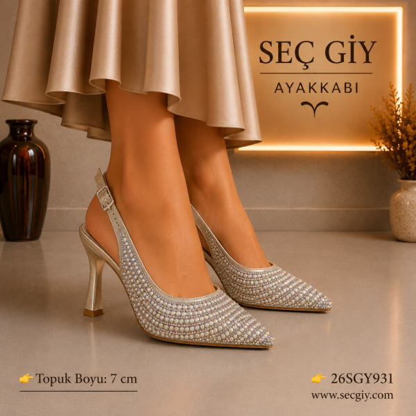 Kadın Taş İşlemeli Bej Açık Topuklu Stiletto – 7 CM İnce Topuk Abiye Ayakkabı