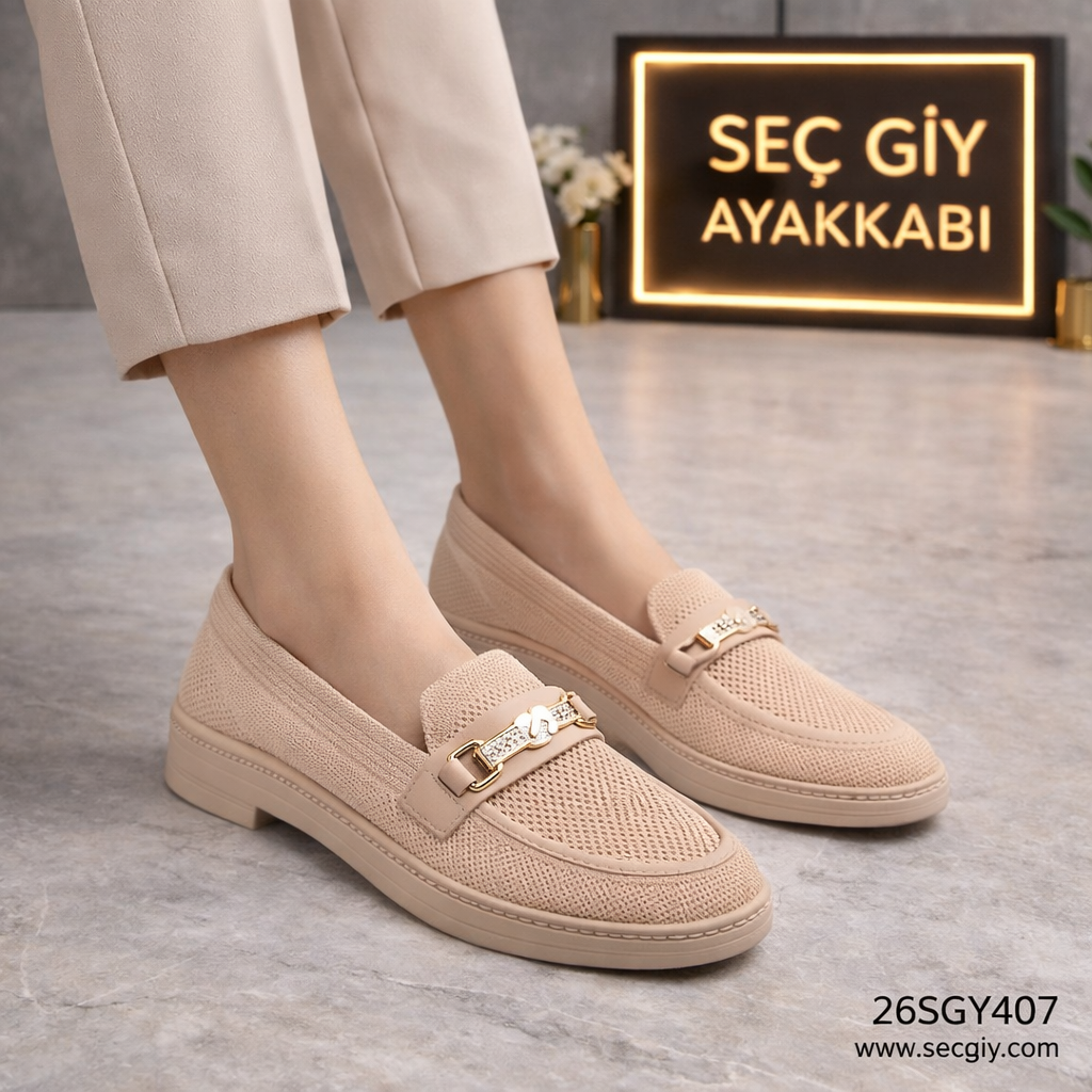 Bej Taş Detaylı Triko Kadın Loafer – Konforlu Günlük Şık Ayakkabı