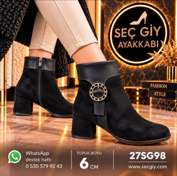 Siyah Tokalı Kadın Topuklu Bot – 6 cm Topuk