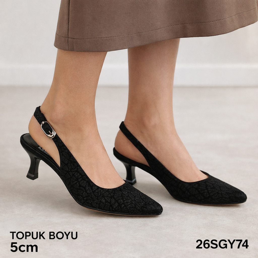 Siyah Arkası Açık Tokalı Bayan Topuklu Ayakkabı – 5 cm Rahat Topuk
