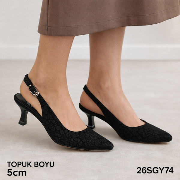 Siyah Arkası Açık Tokalı Bayan Topuklu Ayakkabı – 5 cm Rahat Topuk