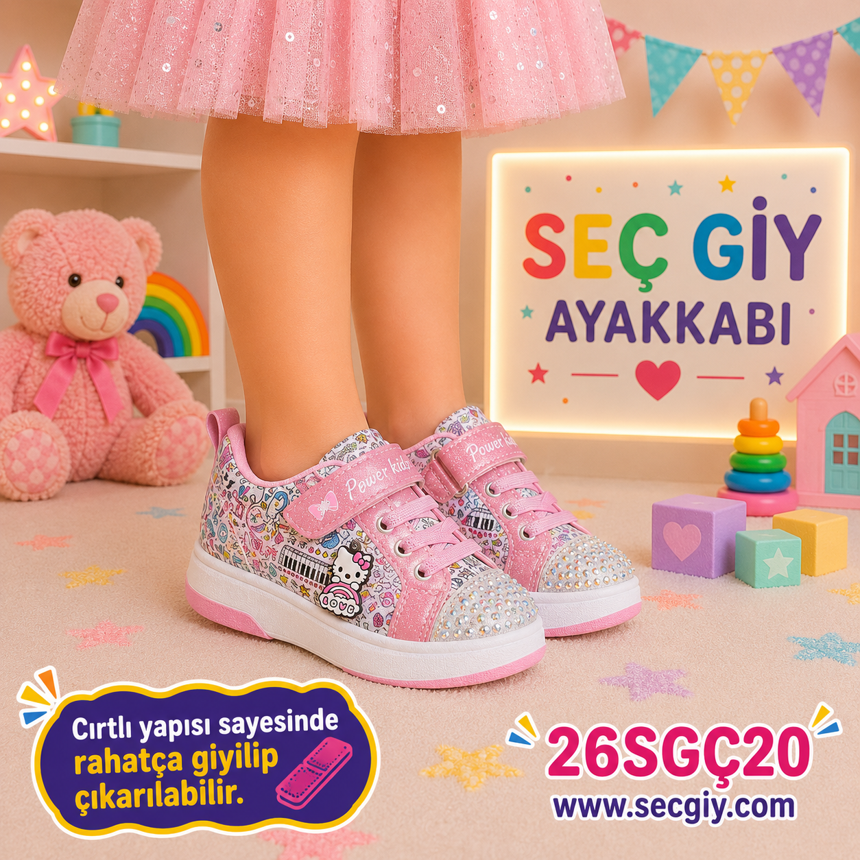 Kız Çocuk Pembe Taş Detaylı Cırtlı Spor Ayakkabı