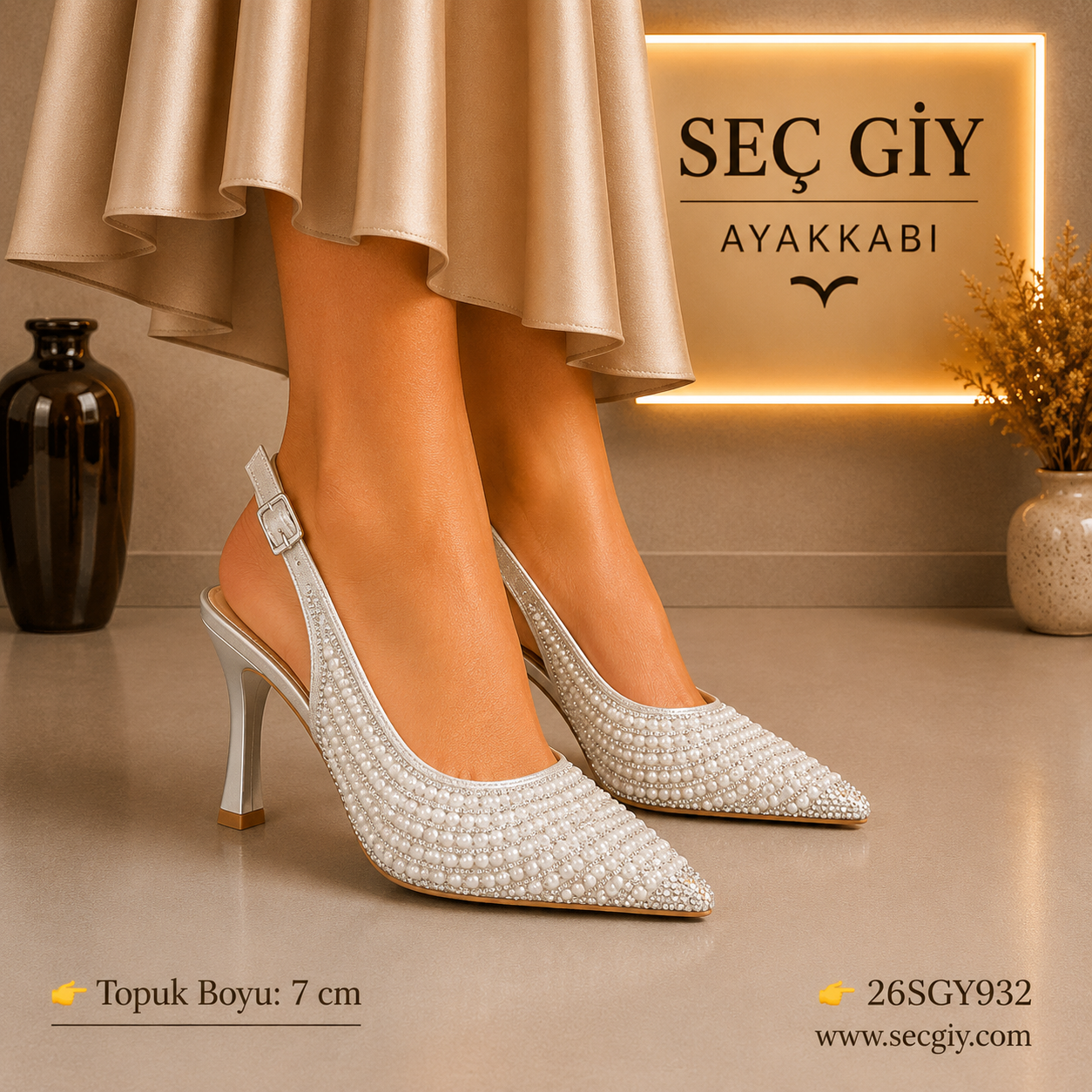 Kadın İnci İşlemeli Beyaz Bilekten Bantlı Stiletto – 7 CM İnce Topuk Abiye Ayakkabı