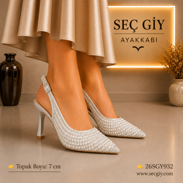 Kadın İnci İşlemeli Beyaz Bilekten Bantlı Stiletto – 7 CM İnce Topuk Abiye Ayakkabı