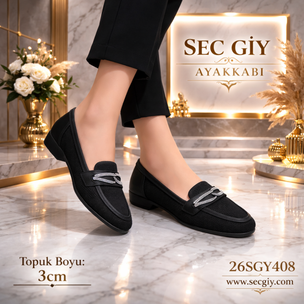 Siyah Taş Detaylı Triko Kadın Loafer – 3 cm Topuklu Konforlu Model
