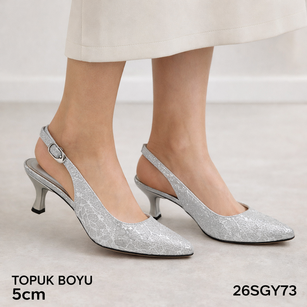 Gümüş Arkası Açık Tokalı Bayan Topuklu Ayakkabı – 5 cm Rahat Topuk
