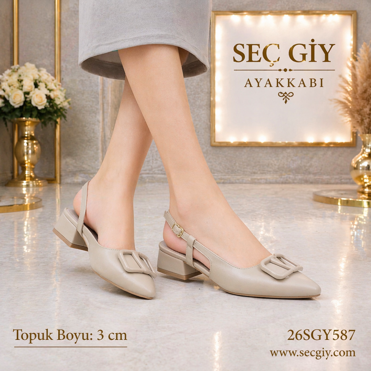 Bej Kemer Tokalı Düşük Topuklu Kadın Ayakkabı 3 cm Rahat Slingback Günlük Şık Model
