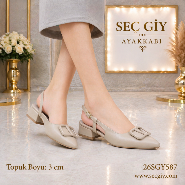 Bej Kemer Tokalı Düşük Topuklu Kadın Ayakkabı 3 cm Rahat Slingback Günlük Şık Model