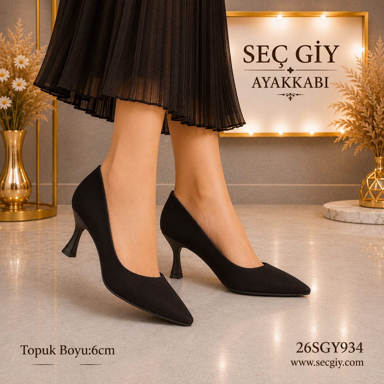 Kadın Siyah Süet Stiletto – 6 CM İnce Topuklu Klasik Abiye Ayakkabı