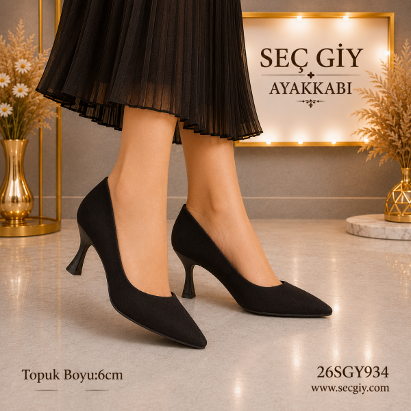 Kadın Siyah Süet Stiletto – 6 CM İnce Topuklu Klasik Abiye Ayakkabı