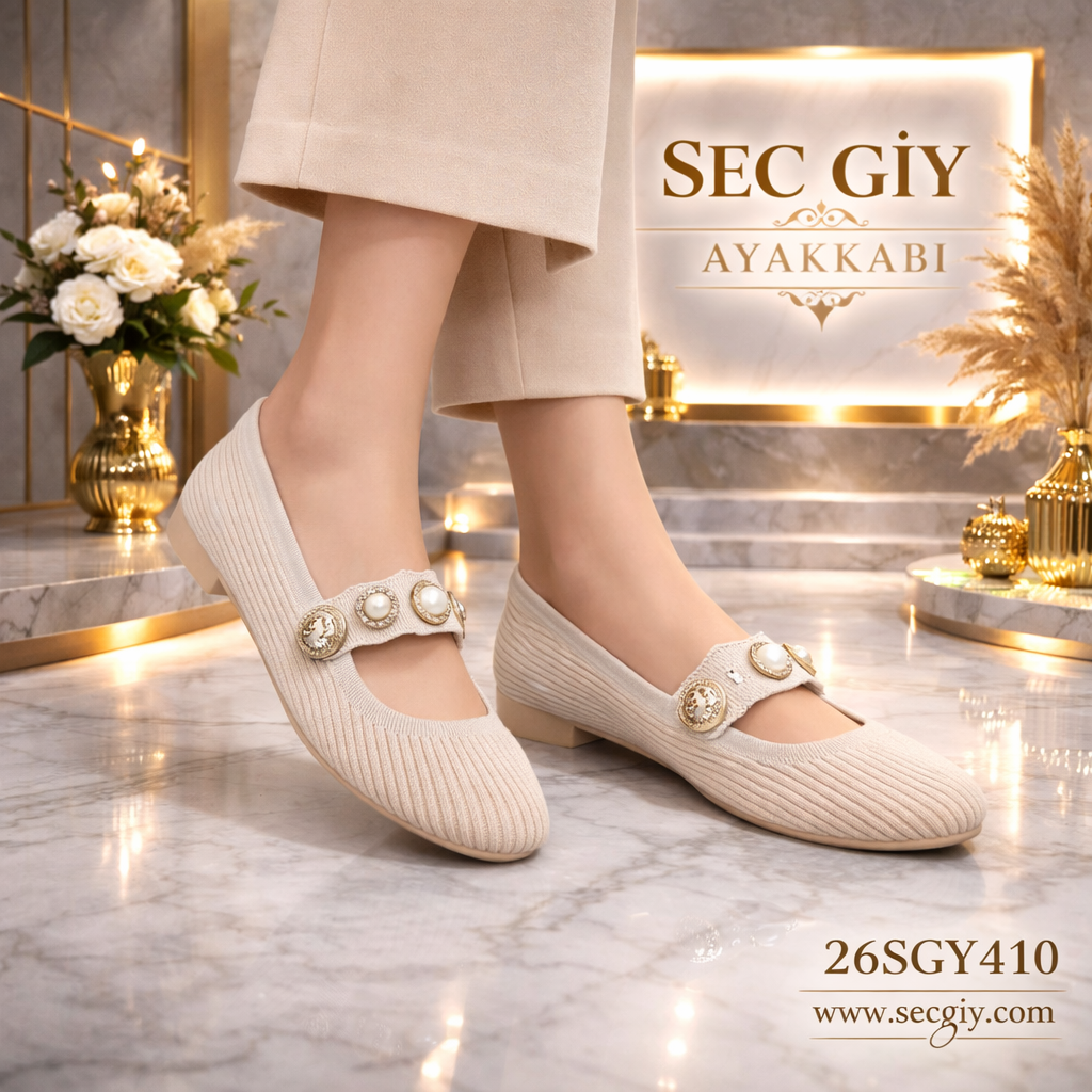 Bej İnci Detaylı Triko Kadın Babet – Şık ve Konforlu Günlük Model