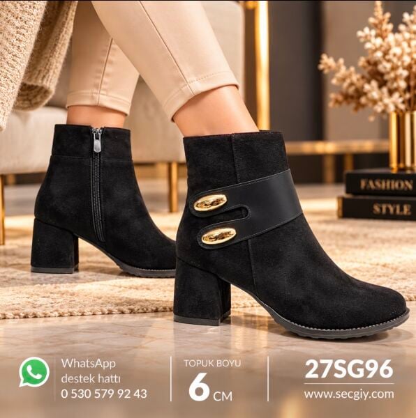 Siyah Gold Aksesuarlı Kadın Topuklu Bot – 6 cm Topuk