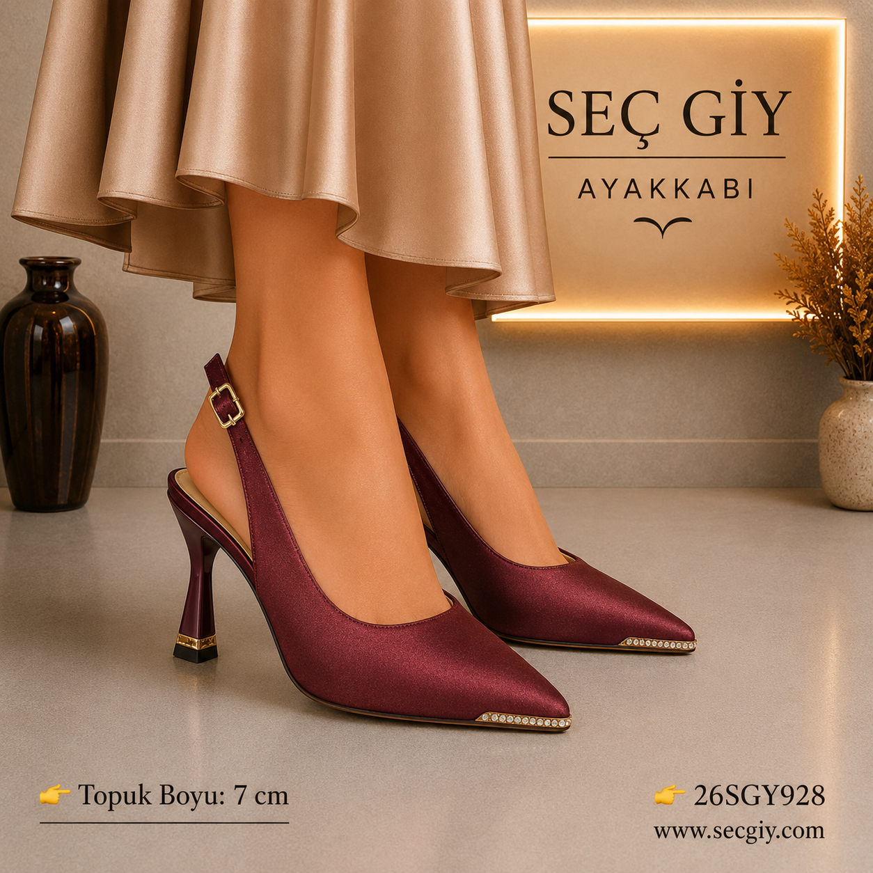 Kadın Bordo Saten Açık Topuklu Stiletto – 7 CM İnce Topuk Abiye Ayakkabı