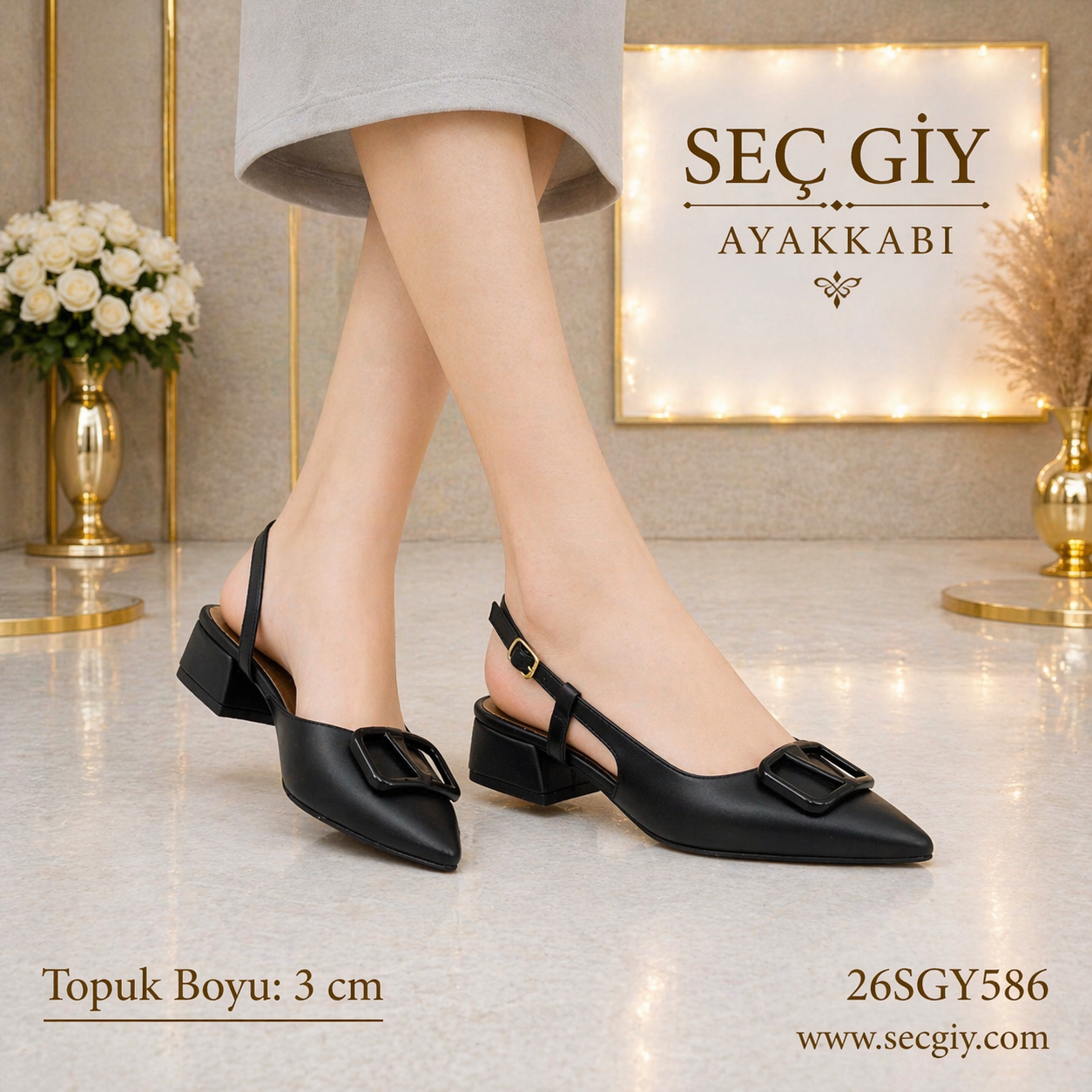 Siyah Tokalı Düşük Topuklu Kadın Ayakkabı 3 cm Rahat Slingback Günlük Şık Model