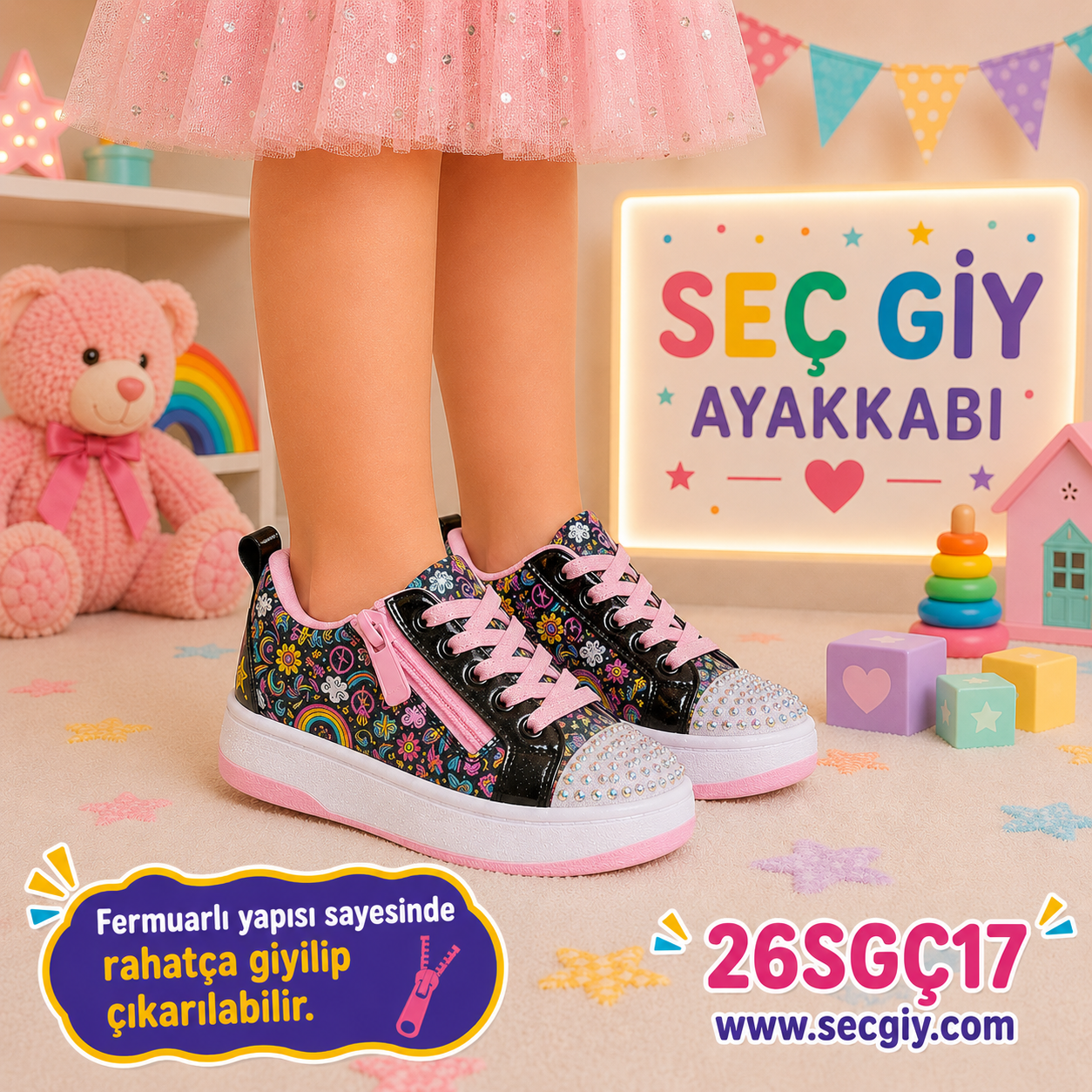 Kız Çocuk Siyah Desenli Fermuarlı Spor Ayakkabı