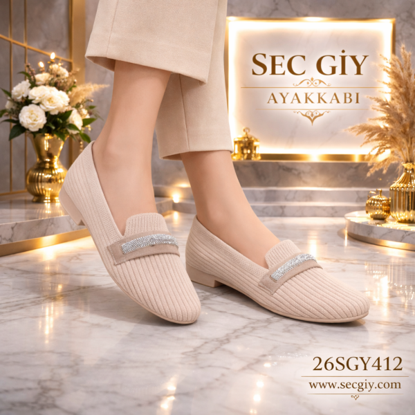 Bej Taş Şerit Detaylı Triko Kadın Loafer – 3 cm Topuklu Şık Günlük Model
