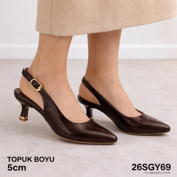 Kahverengi Arkası Açık Bayan Topuklu Ayakkabı – 5 cm Rahat Topuklu Şık Model