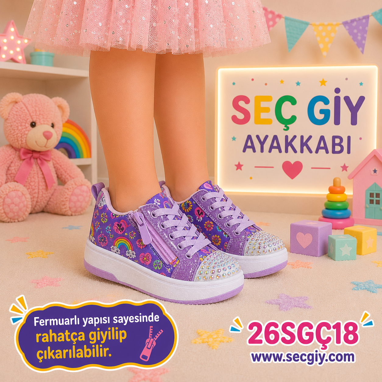 Kız Çocuk Mor Desenli Fermuarlı Spor Ayakkabı