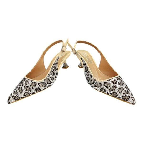 Bej Taşlı Leopar Desenli  Stiletto - Fındık topuk