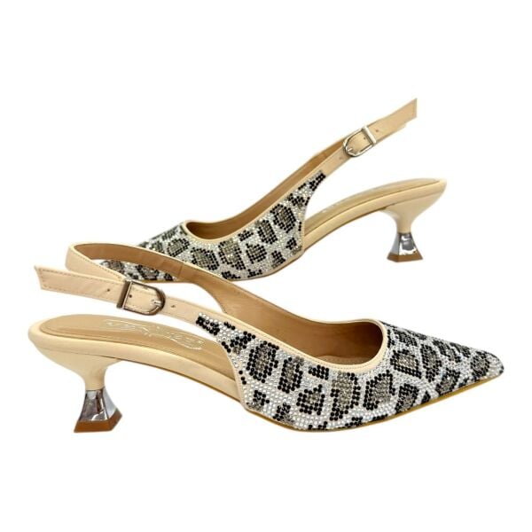 Bej Taşlı Leopar Desenli  Stiletto - Fındık topuk