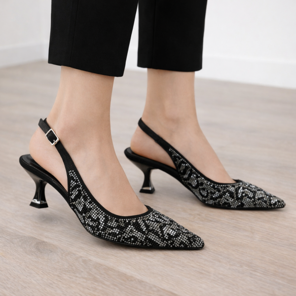 Siyah Taşlı Leopar Desenli  Stiletto - Fındık topuk