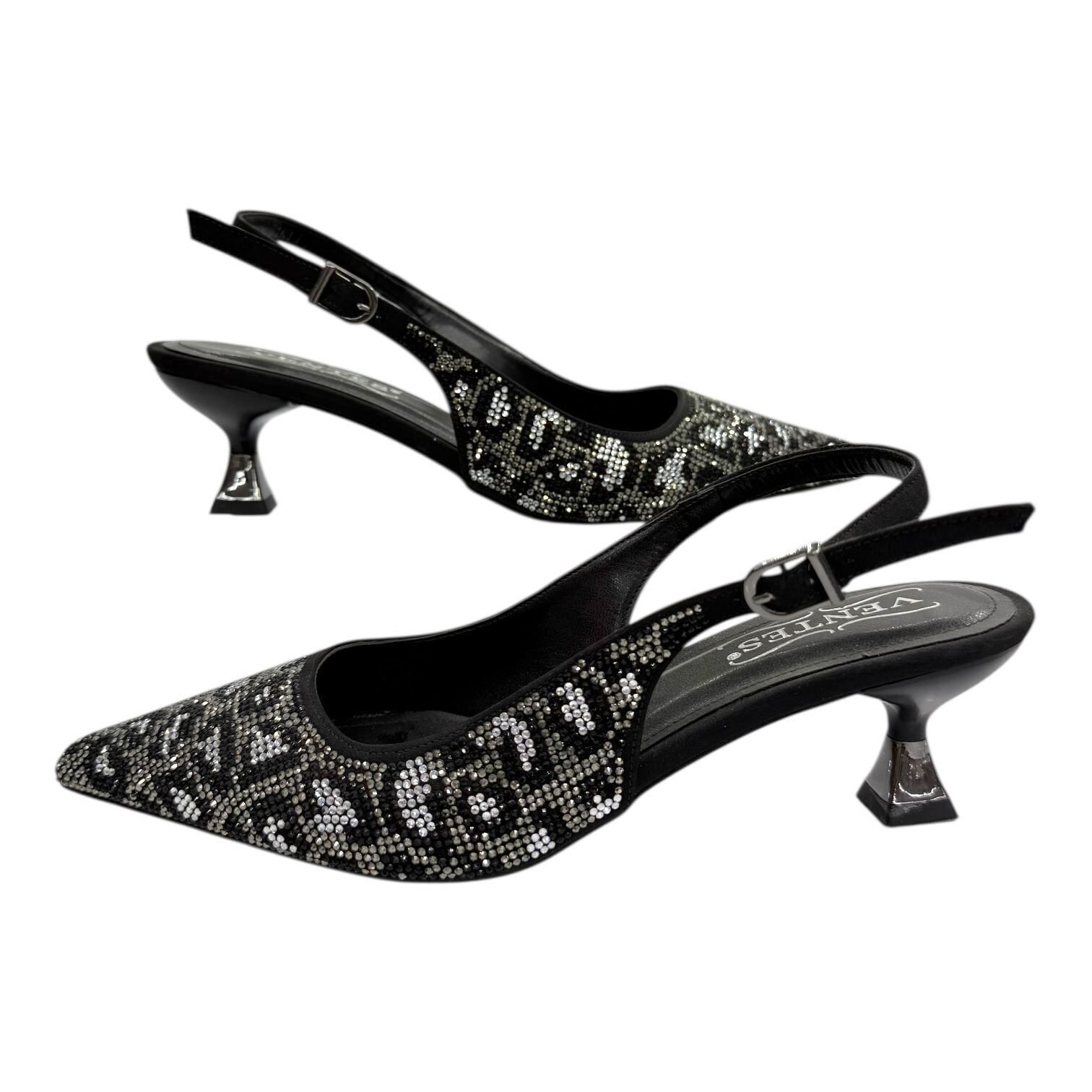 Siyah Taşlı Leopar Desenli  Stiletto - Fındık topuk