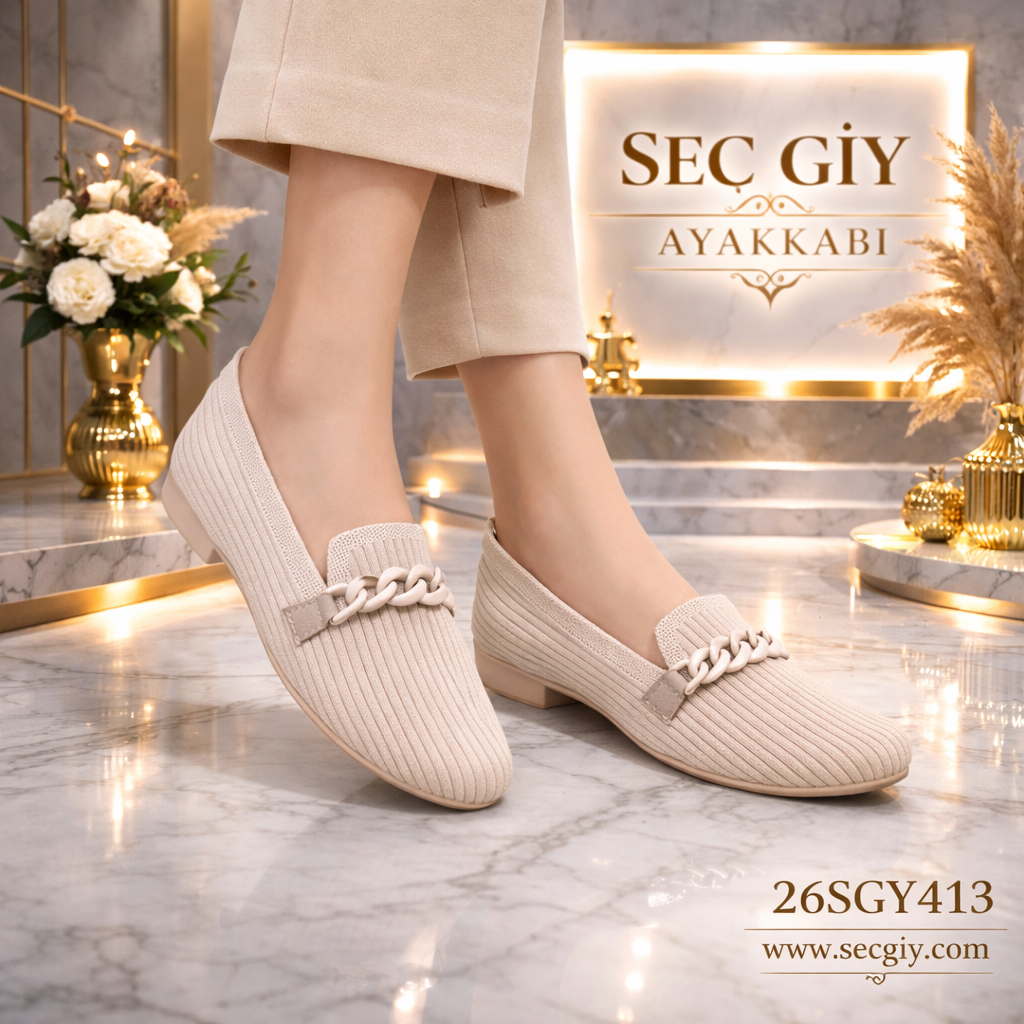 Bej Triko Zincir Detaylı Kadın Loafer – 3 cm Topuklu Konforlu Günlük Model