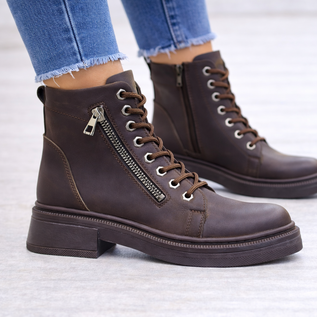 Kahverengi Bağcıklı Yan Fermuarlı Kadın Bilek Botu Kalın Topuk