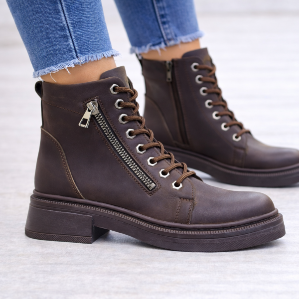 Kahverengi Bağcıklı Yan Fermuarlı Kadın Bilek Botu Kalın Topuk