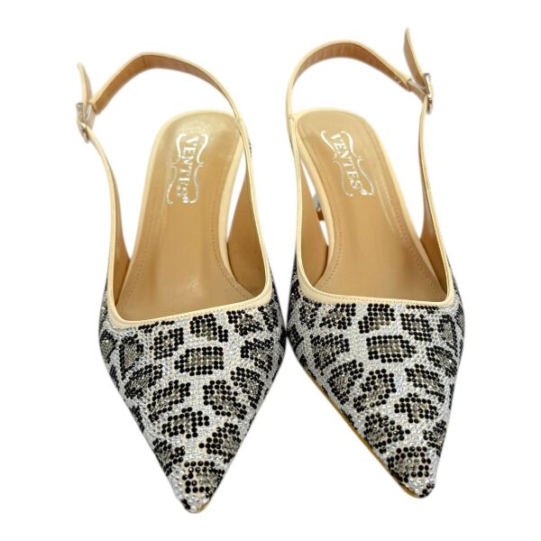 Bej Taşlı Leopar Desenli  Stiletto - Fındık topuk 39