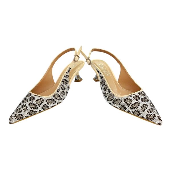 Bej Taşlı Leopar Desenli  Stiletto - Fındık topuk 39