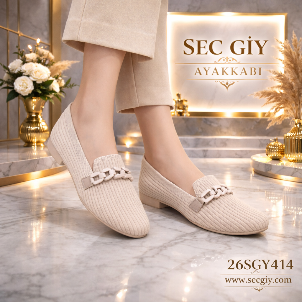 Bej Triko Zincir Detaylı Kadın Loafer – 3 cm Topuklu Konforlu Günlük Model