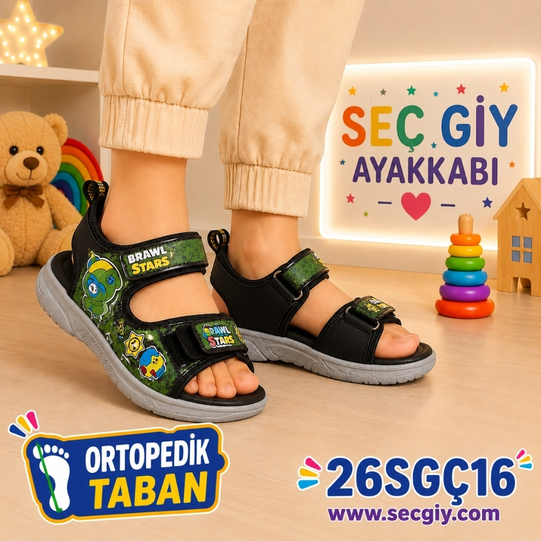 Erkek Çocuk Brawl Stars Baskılı Ortopedik Taban Sandalet