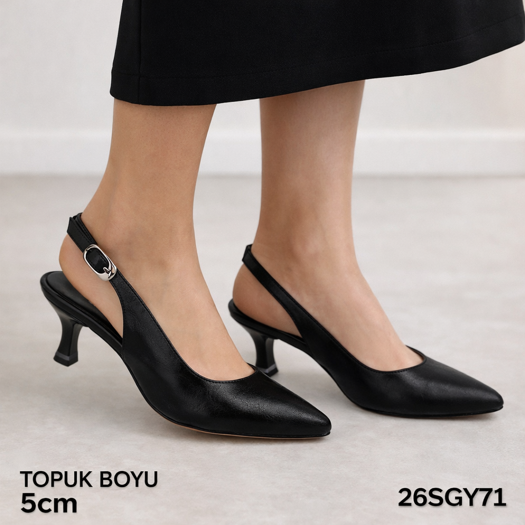 Siyah Arkası Açık Bayan Topuklu Ayakkabı – 5 cm Rahat Günlük Şık Model