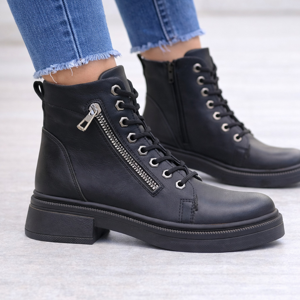 Siyah Bağcıklı Yan Fermuarlı Kadın Bilek Botu Kalın Topuk