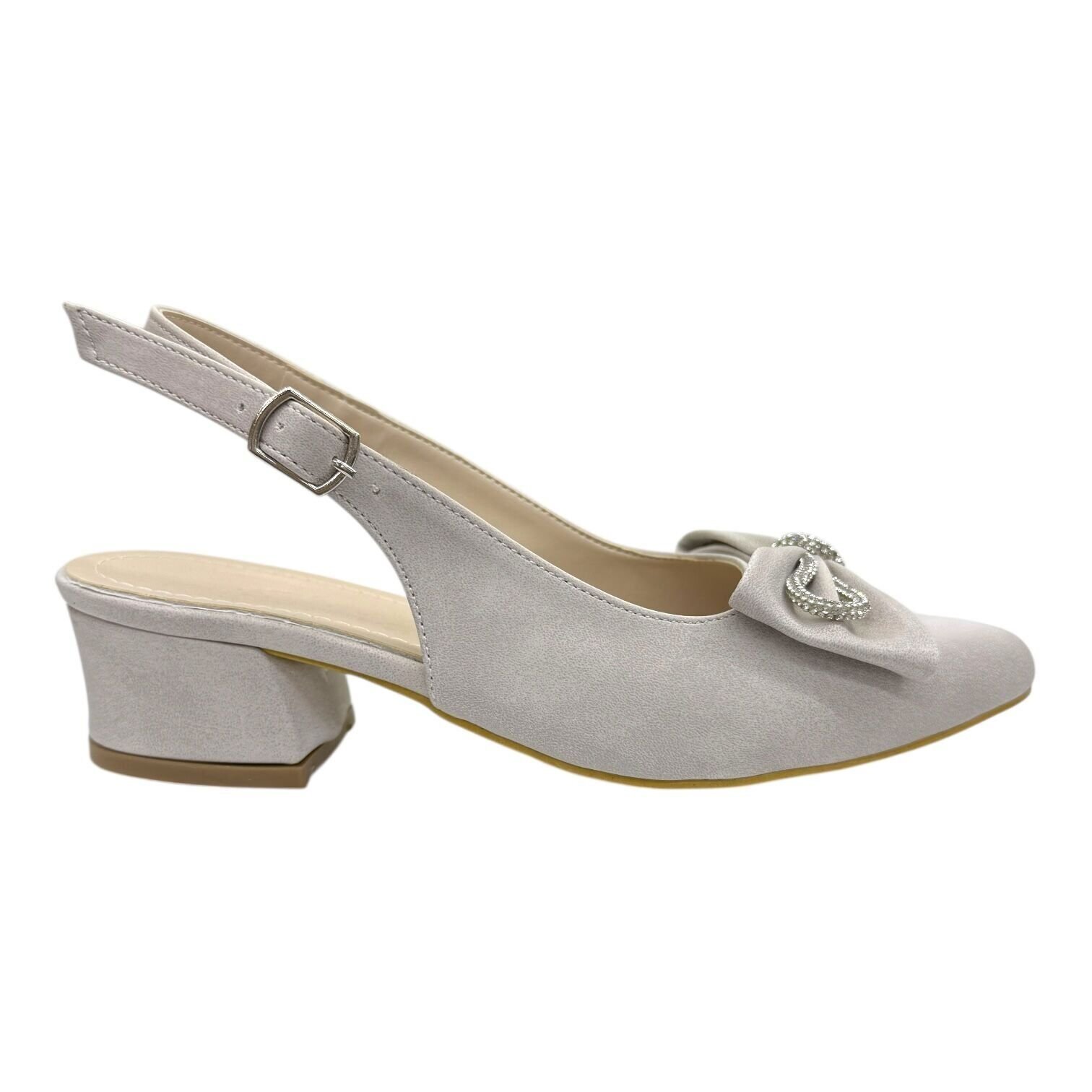 Taş Detaylı Fiyonklu krem Topuklu Ayakkabı