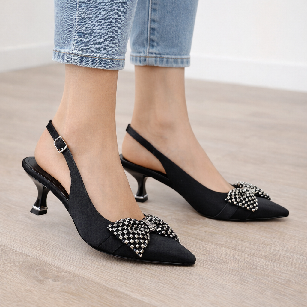 Siyah Işıltılı Kurdeleli Stiletto - Gece Şıklığı İçin Özel Tasarım