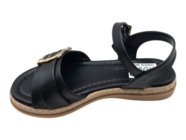 Siyah Düz Sandalet Kadın Hasır Taban Tokalı Şık Günlük Yazlık Ayakkabı