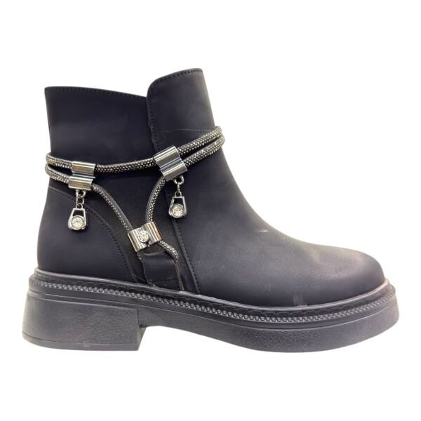 Siyah Taş Detaylı Kadın Bilek Botu Kalın Taban Yuvarlak Burun