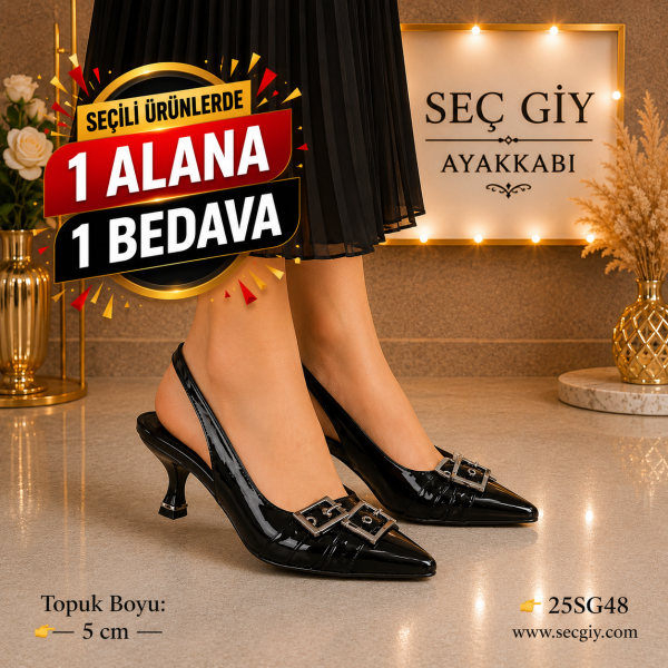 Siyah Rugan Büyük Tokalı Slingback Topuklu Ayakkabı