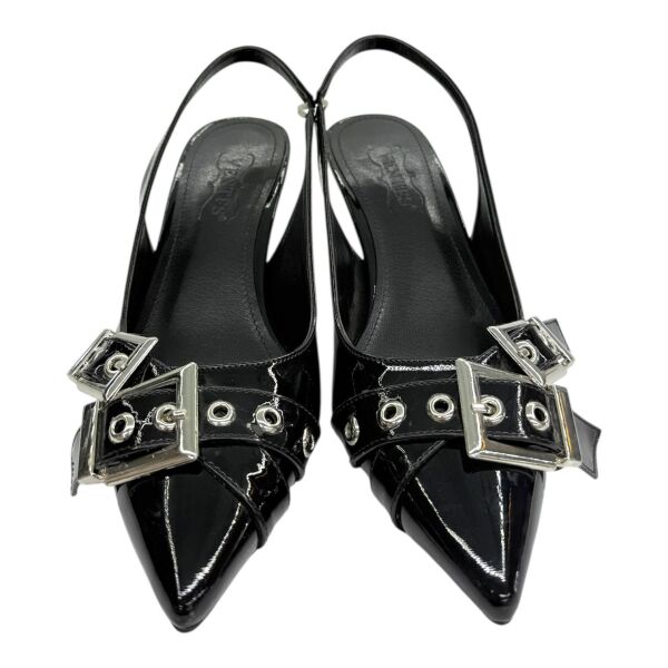 Siyah Rugan Büyük Tokalı Slingback Topuklu Ayakkabı