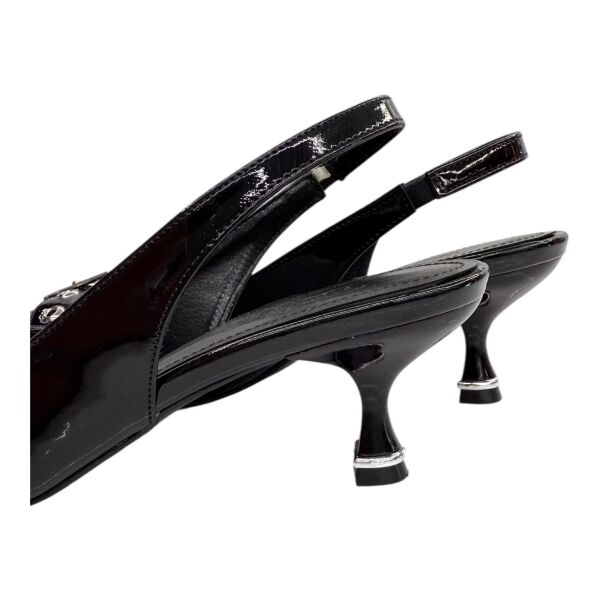 Siyah Rugan Büyük Tokalı Slingback Topuklu Ayakkabı