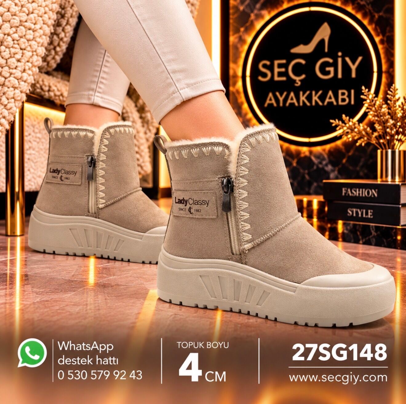 Kadın Vizon Kürklü Fermuarlı Kalın Taban Kışlık Bot 4 cm