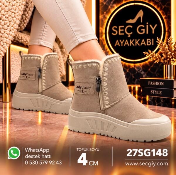 Kadın Vizon Kürklü Fermuarlı Kalın Taban Kışlık Bot 4 cm