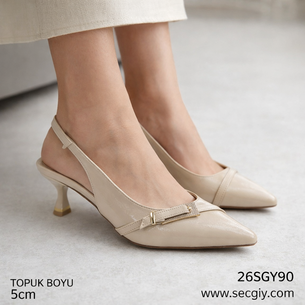 Bej Tokalı Arkası Açık Bayan Topuklu Ayakkabı – 5 cm Rahat ve Zarif Model