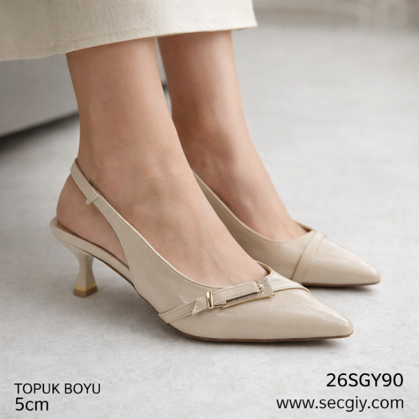 Bej Tokalı Arkası Açık Bayan Topuklu Ayakkabı – 5 cm Rahat ve Zarif Model