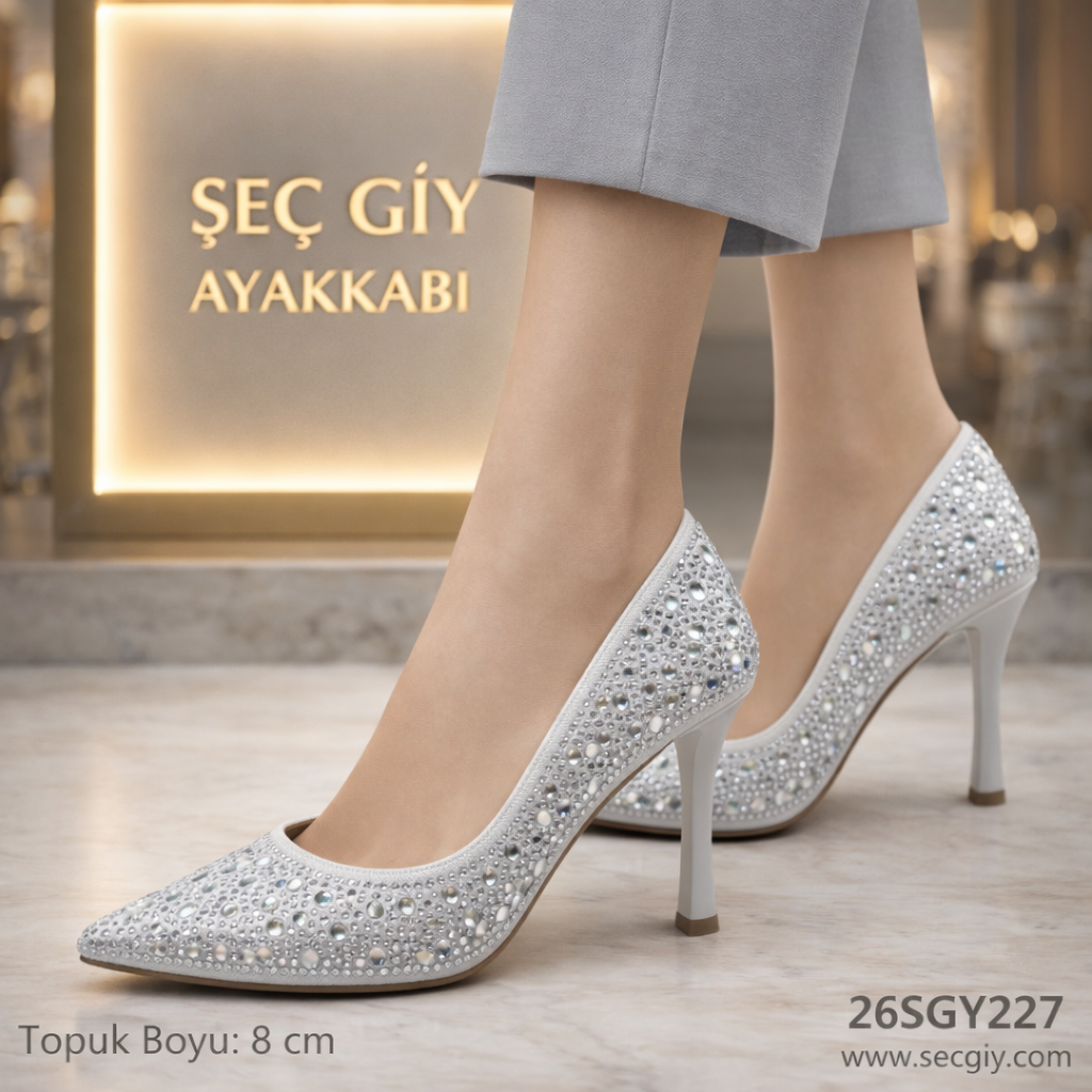 Gümüş Taşlı Kadın Stiletto 8 cm Topuklu Abiye Ayakkabı