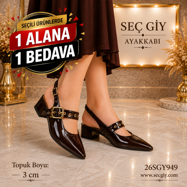 Kadın Kahverengi Rugan Bilek Bantlı Slingback Stiletto – 3 CM Kısa Topuk Sivri Burun Ayakkabı