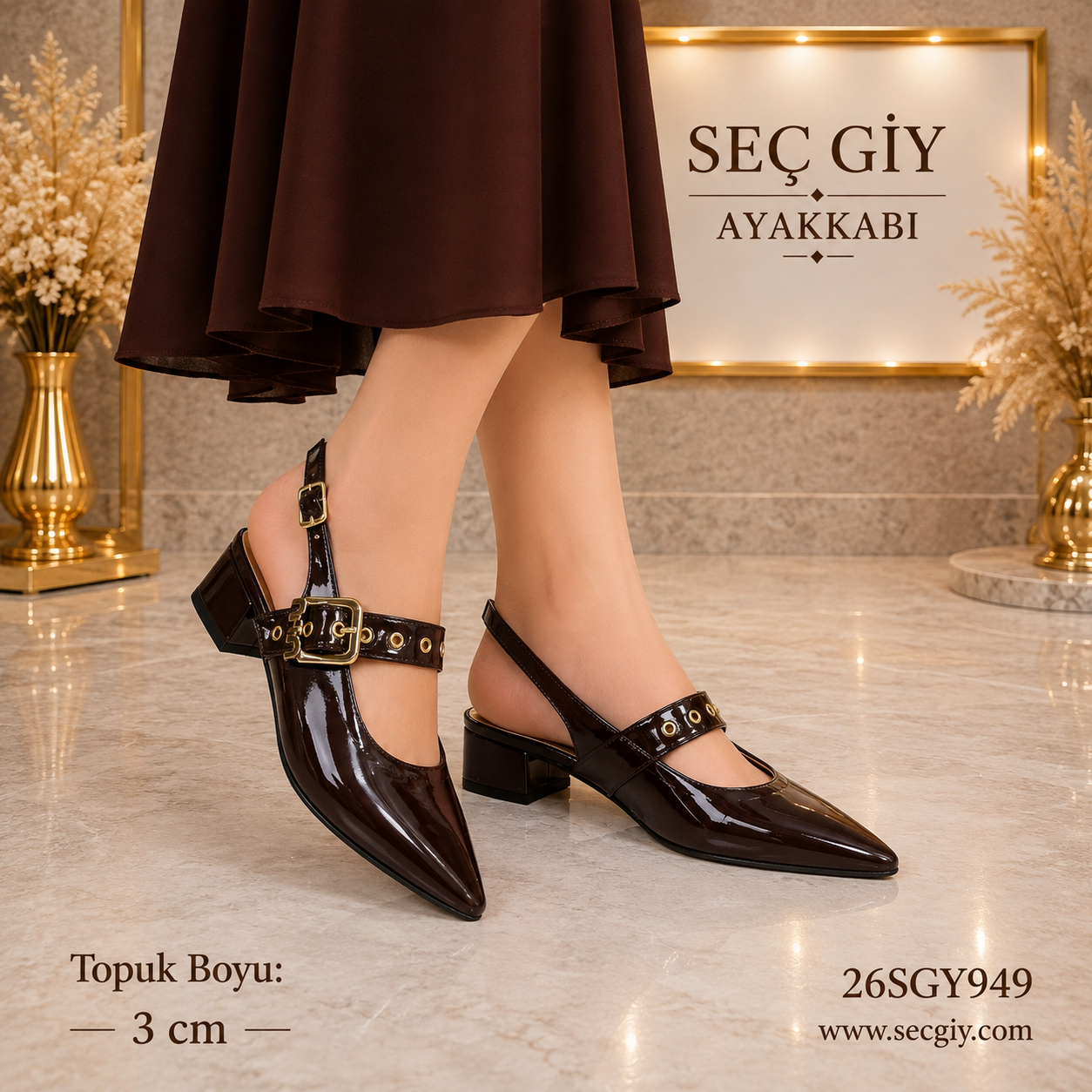 Kadın Kahverengi Rugan Bilek Bantlı Slingback Stiletto – 3 CM Kısa Topuk Sivri Burun Ayakkabı