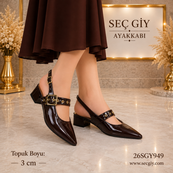 Kadın Kahverengi Rugan Bilek Bantlı Slingback Stiletto – 3 CM Kısa Topuk Sivri Burun Ayakkabı